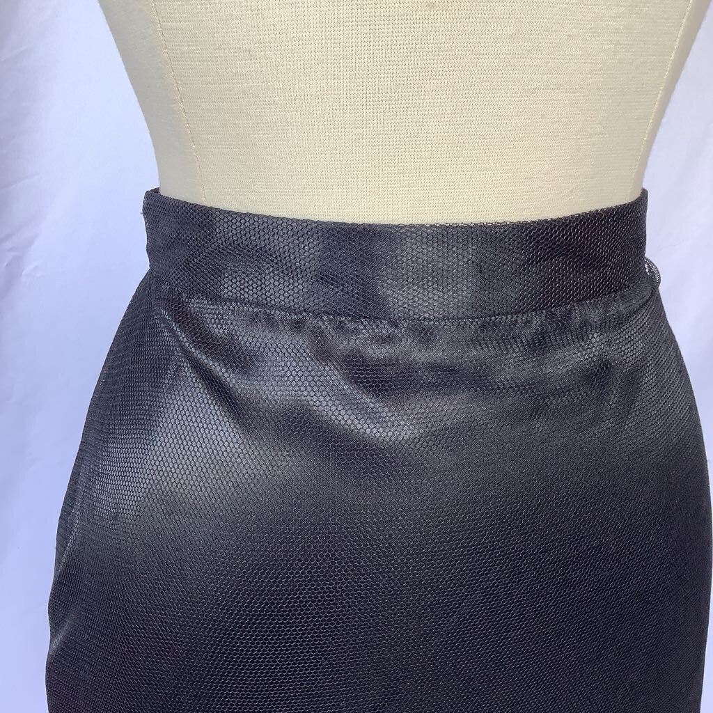 Black Skirt with Sheer Mesh Overlay and Embroidered Hem