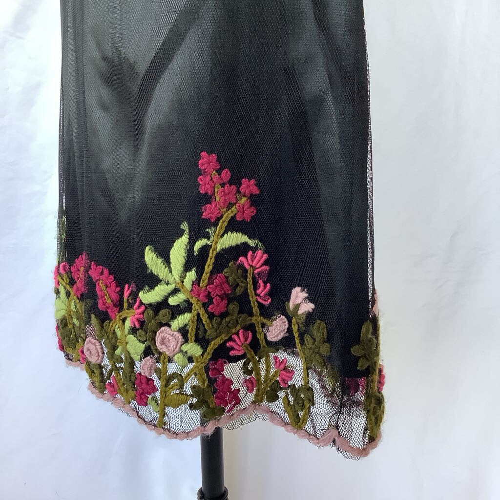 Black Skirt with Sheer Mesh Overlay and Embroidered Hem