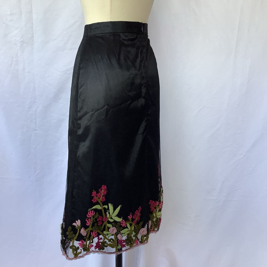 Black Skirt with Sheer Mesh Overlay and Embroidered Hem