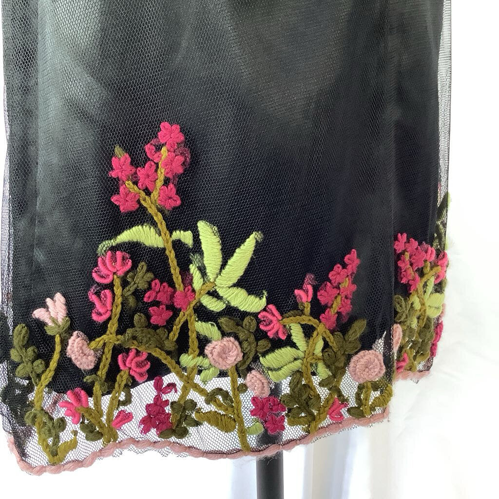 Black Skirt with Sheer Mesh Overlay and Embroidered Hem