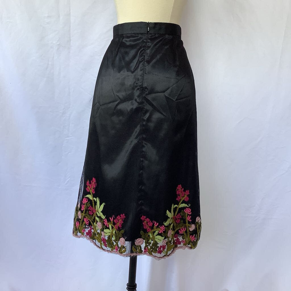 Black Skirt with Sheer Mesh Overlay and Embroidered Hem