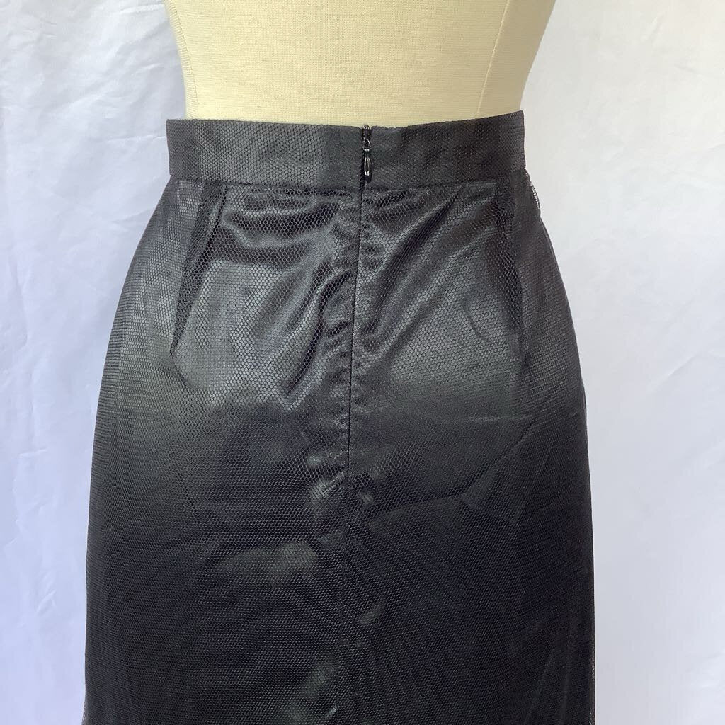 Black Skirt with Sheer Mesh Overlay and Embroidered Hem