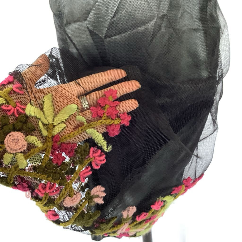 Black Skirt with Sheer Mesh Overlay and Embroidered Hem