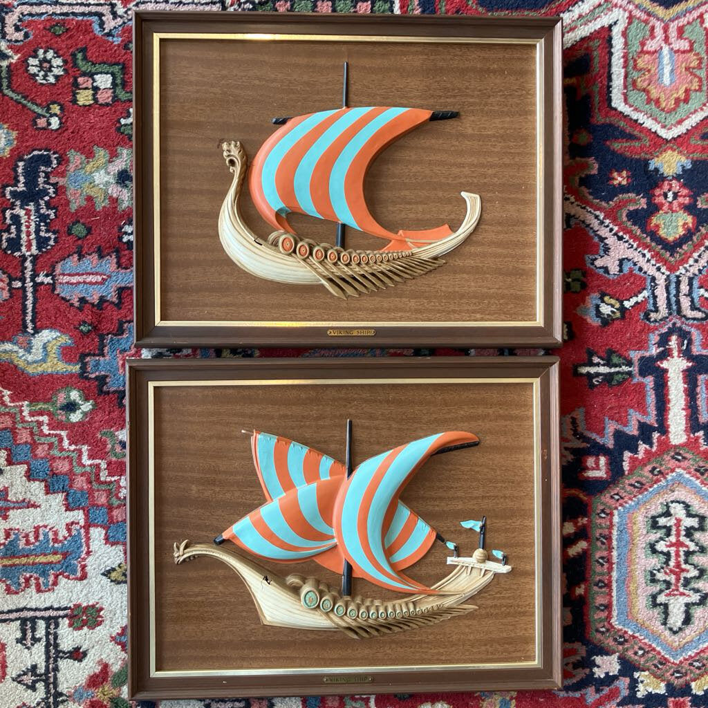 Pair of Mid-Century Wooden Framed Viking Ships