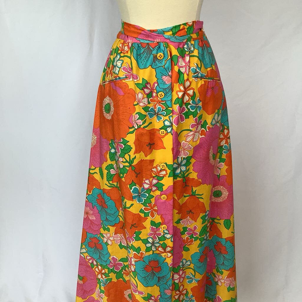 70s Colorful Floral Cotton Maxi Skirt