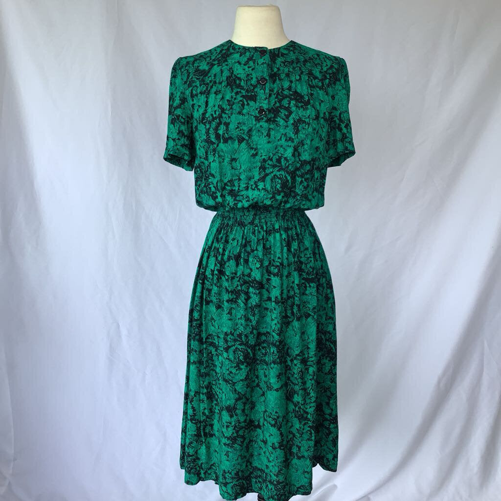 1980s Virgo II Rayon Green Dress w/ Elastic Waist