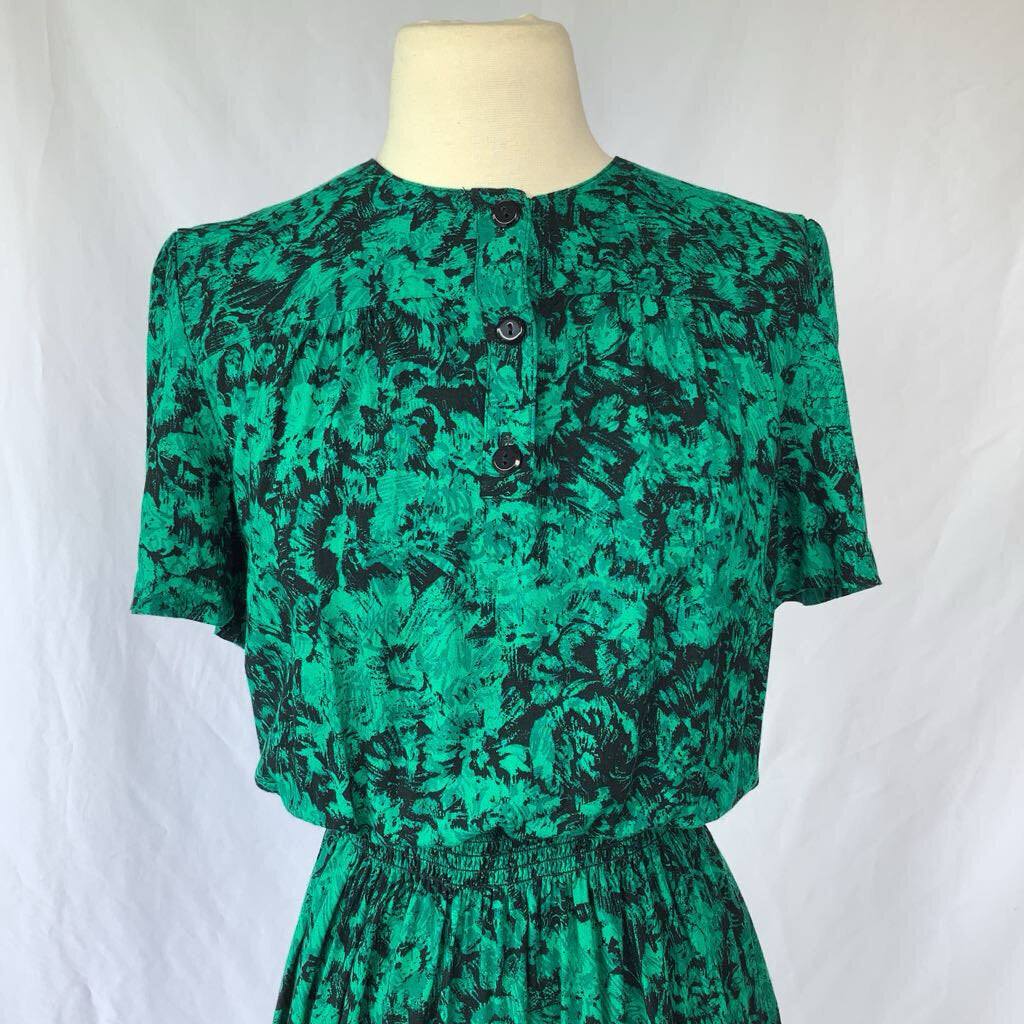 1980s Virgo II Rayon Green Dress w/ Elastic Waist