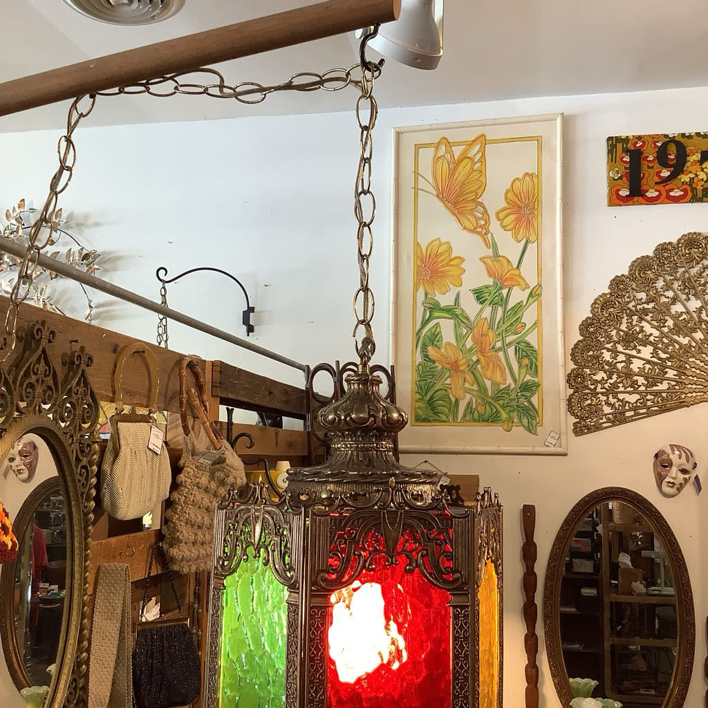 Vintage Moroccan Hanging Lamp w/ Green, Red, Orange Panels