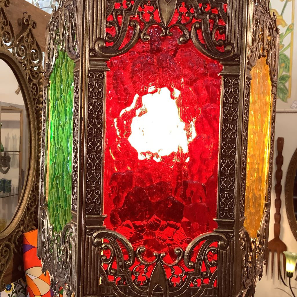 Vintage Moroccan Hanging Lamp w/ Green, Red, Orange Panels