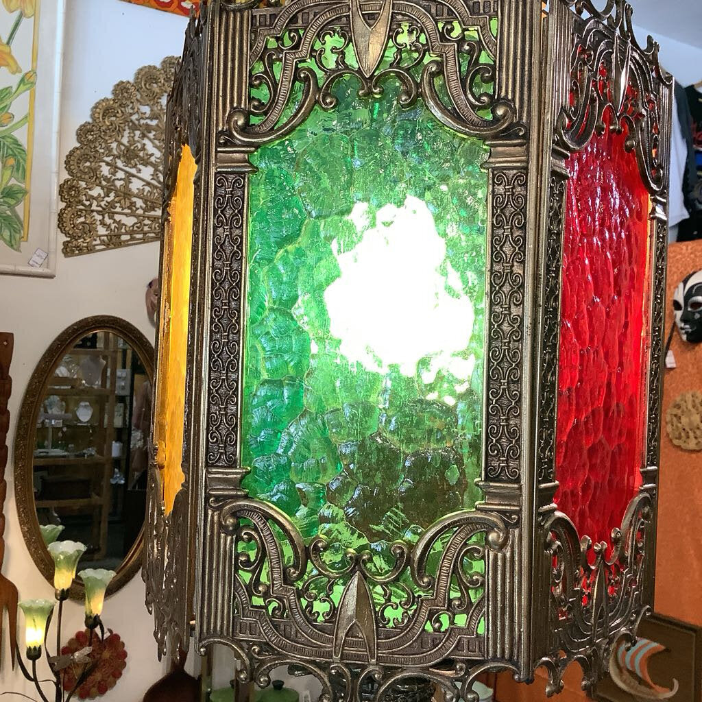 Vintage Moroccan Hanging Lamp w/ Green, Red, Orange Panels