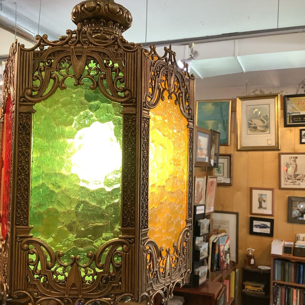 Vintage Moroccan Hanging Lamp w/ Green, Red, Orange Panels