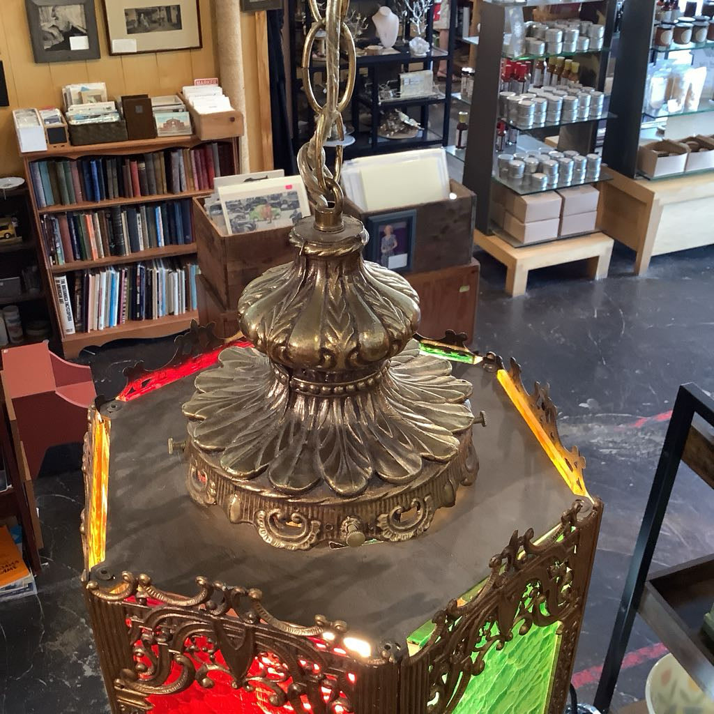 Vintage Moroccan Hanging Lamp w/ Green, Red, Orange Panels
