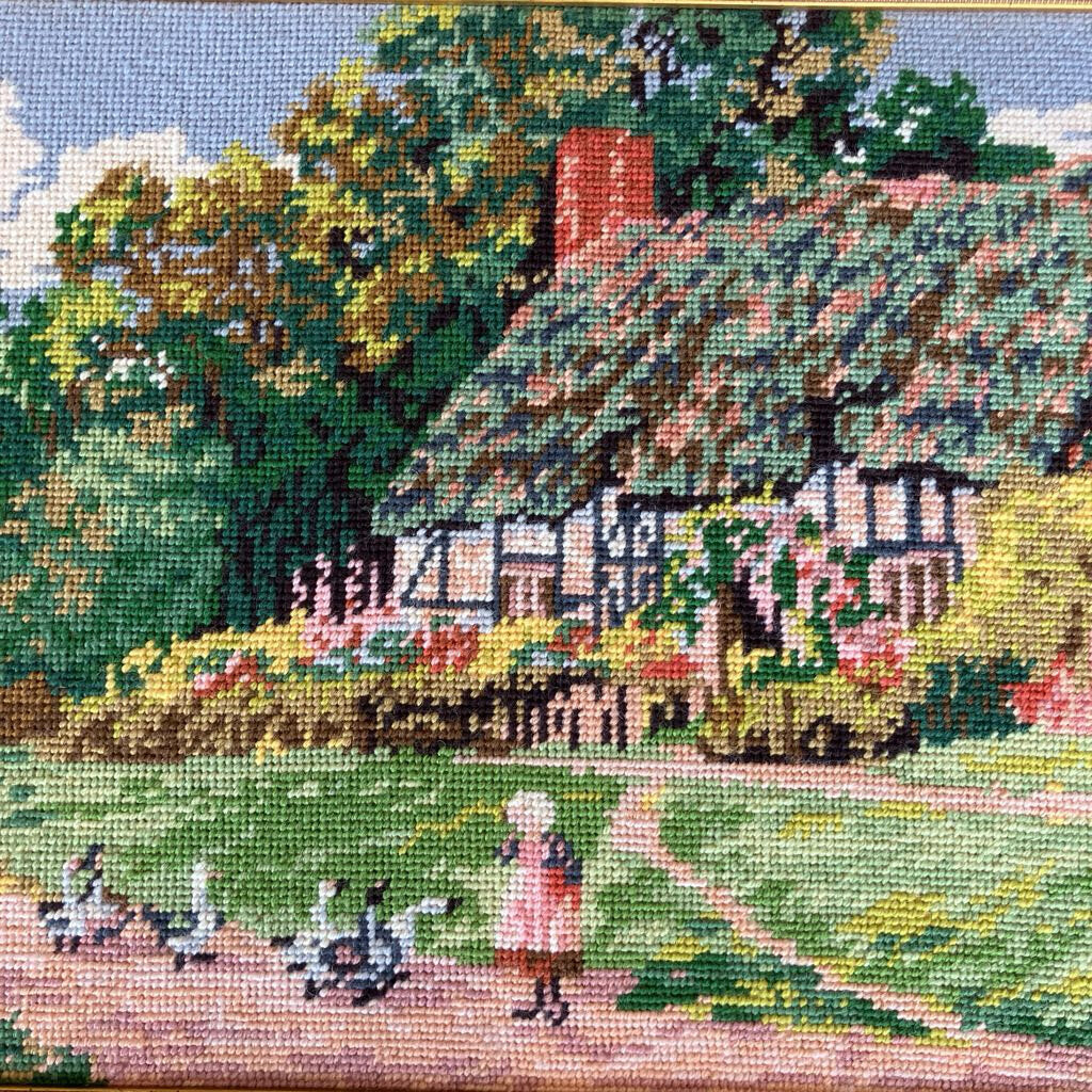 Vintage Needlepoint Farmhouse Scene