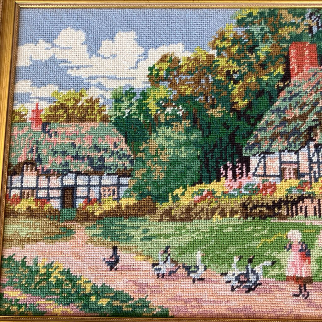 Vintage Needlepoint Farmhouse Scene