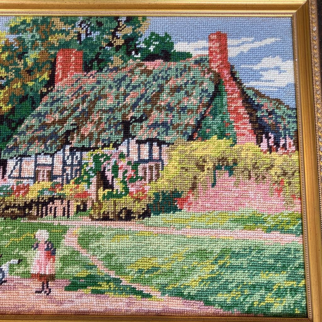 Vintage Needlepoint Farmhouse Scene