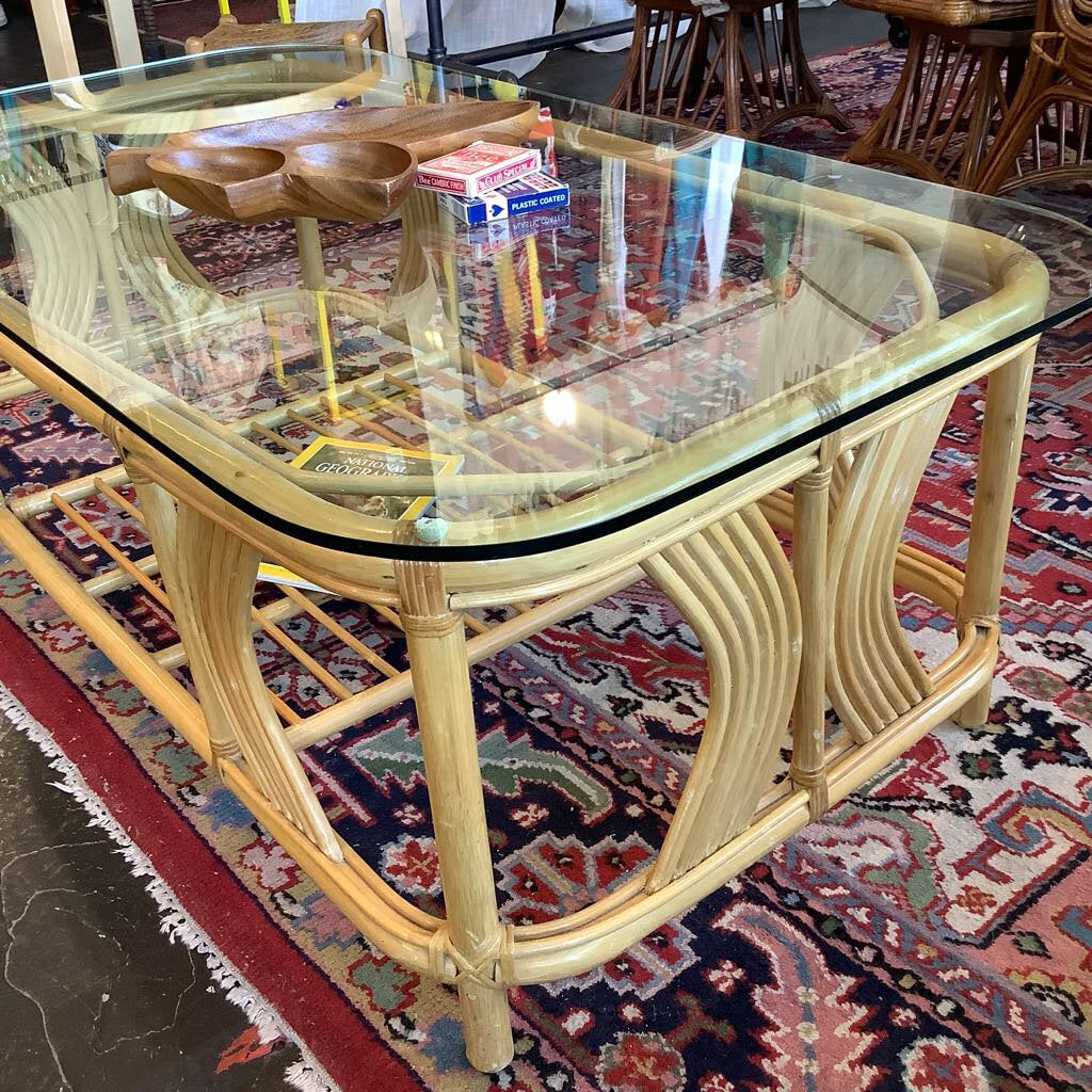 Vintage 1980s Blond Rattan Glass Top Coffee Table