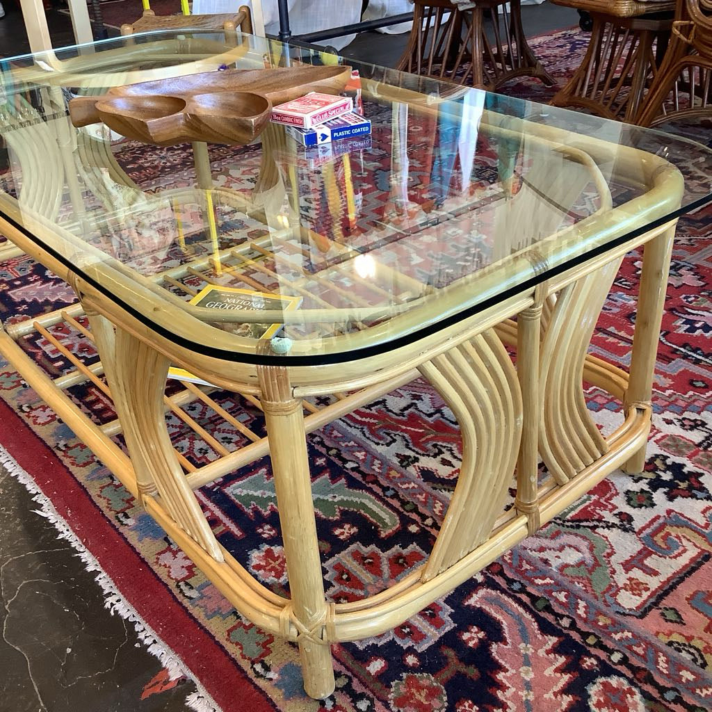 Vintage 1990s Blond Rattan Glass Top Coffee Table