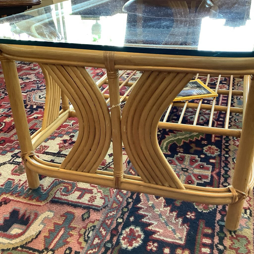 Vintage 1980s Blond Rattan Glass Top Coffee Table