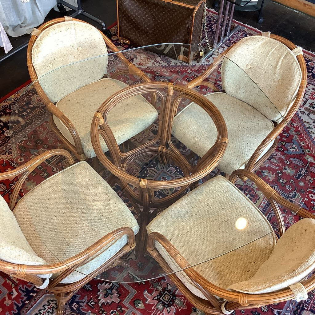 Vintage 1980s Rattan Glasstop Kitchen Table Set