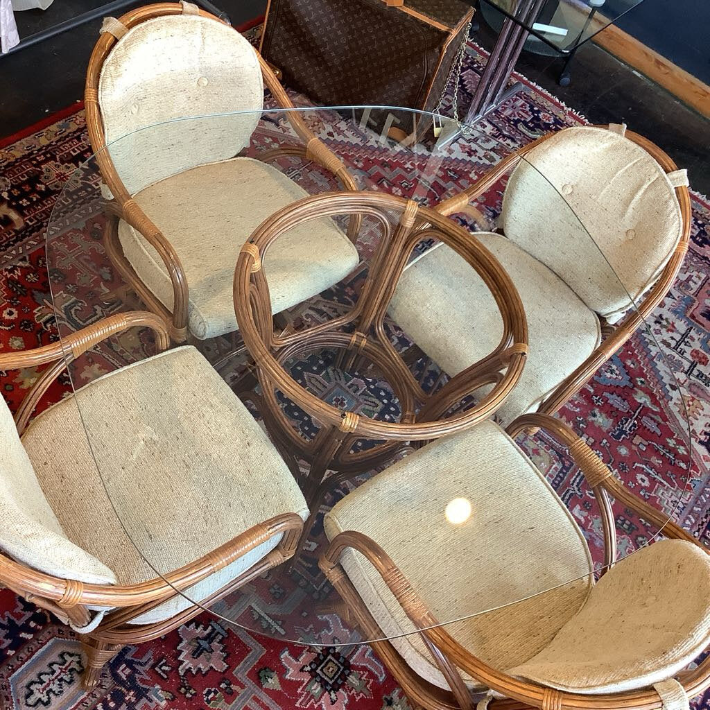 Vintage 1980s Rattan Glasstop Kitchen Table Set