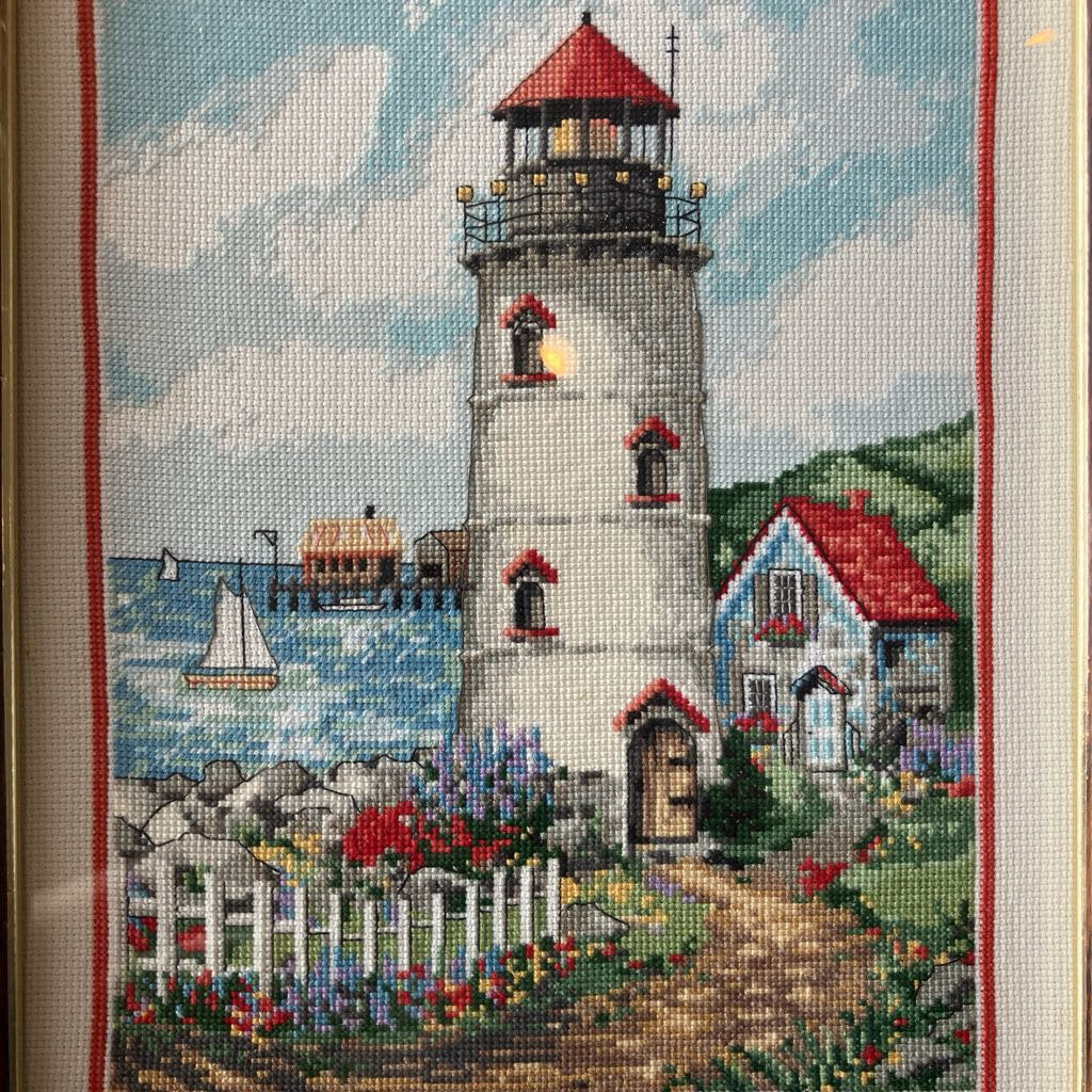 Vintage Lighthouse Needlepoint Art
