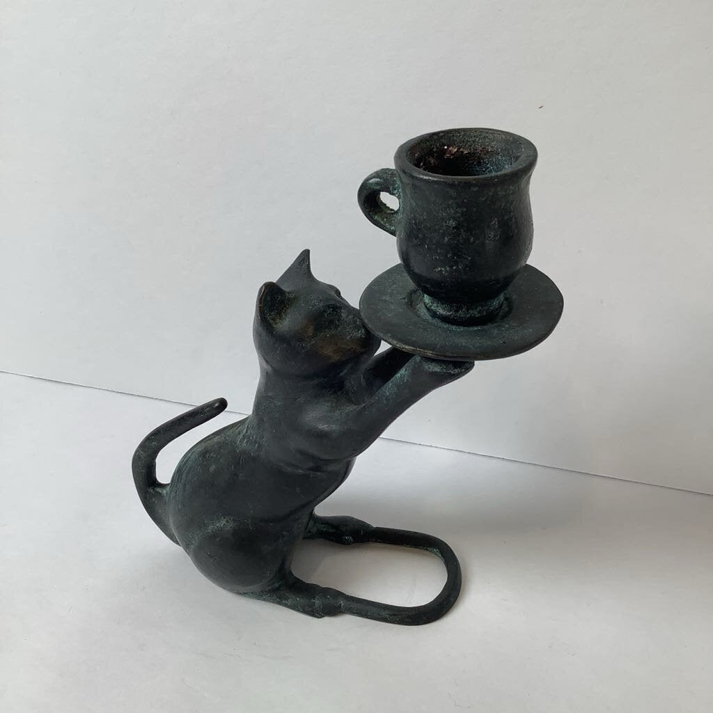 Vintage Verdigris Iron Cat Candle Holder