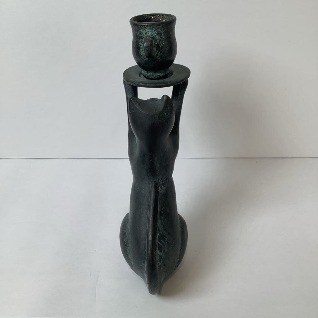 Vintage Verdigris Iron Cat Candle Holder