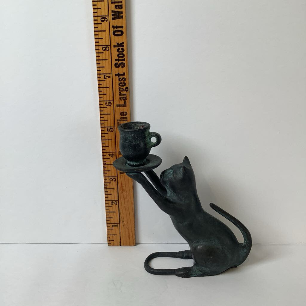 Vintage Verdigris Iron Cat Candle Holder
