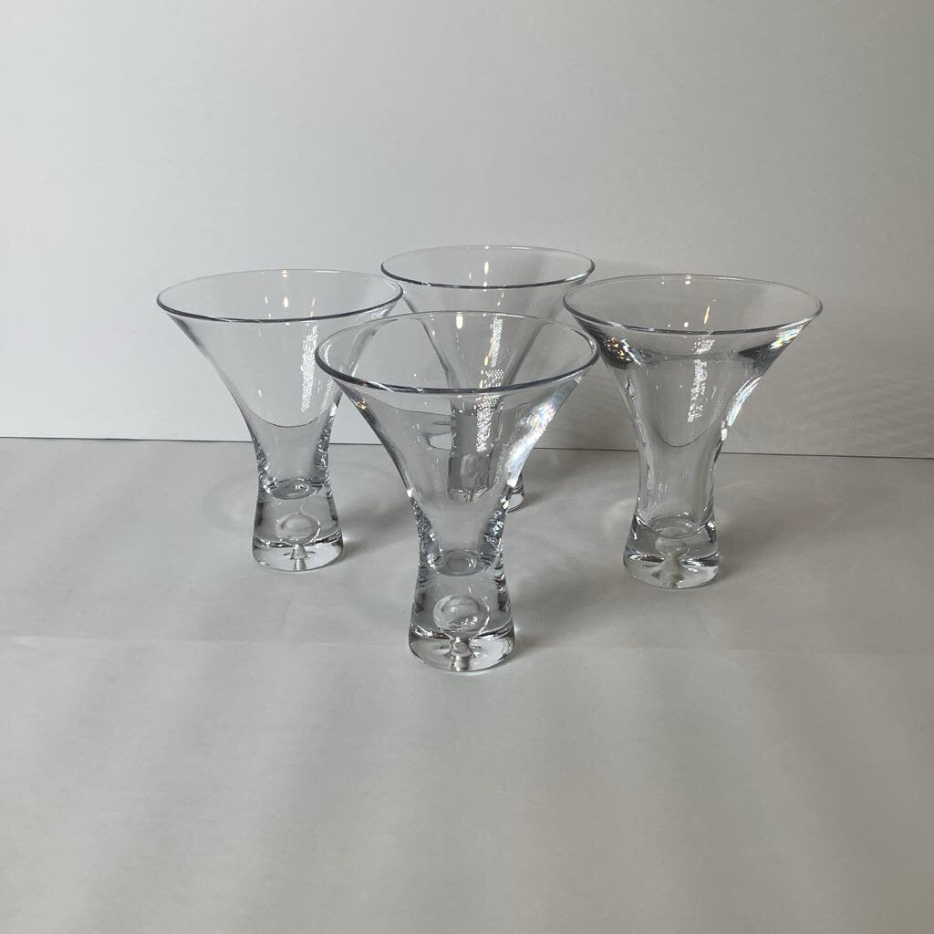 Mid Century Modern Martini Set of Blown Glass w/ Flared Rim & Controlled Bubble at Base