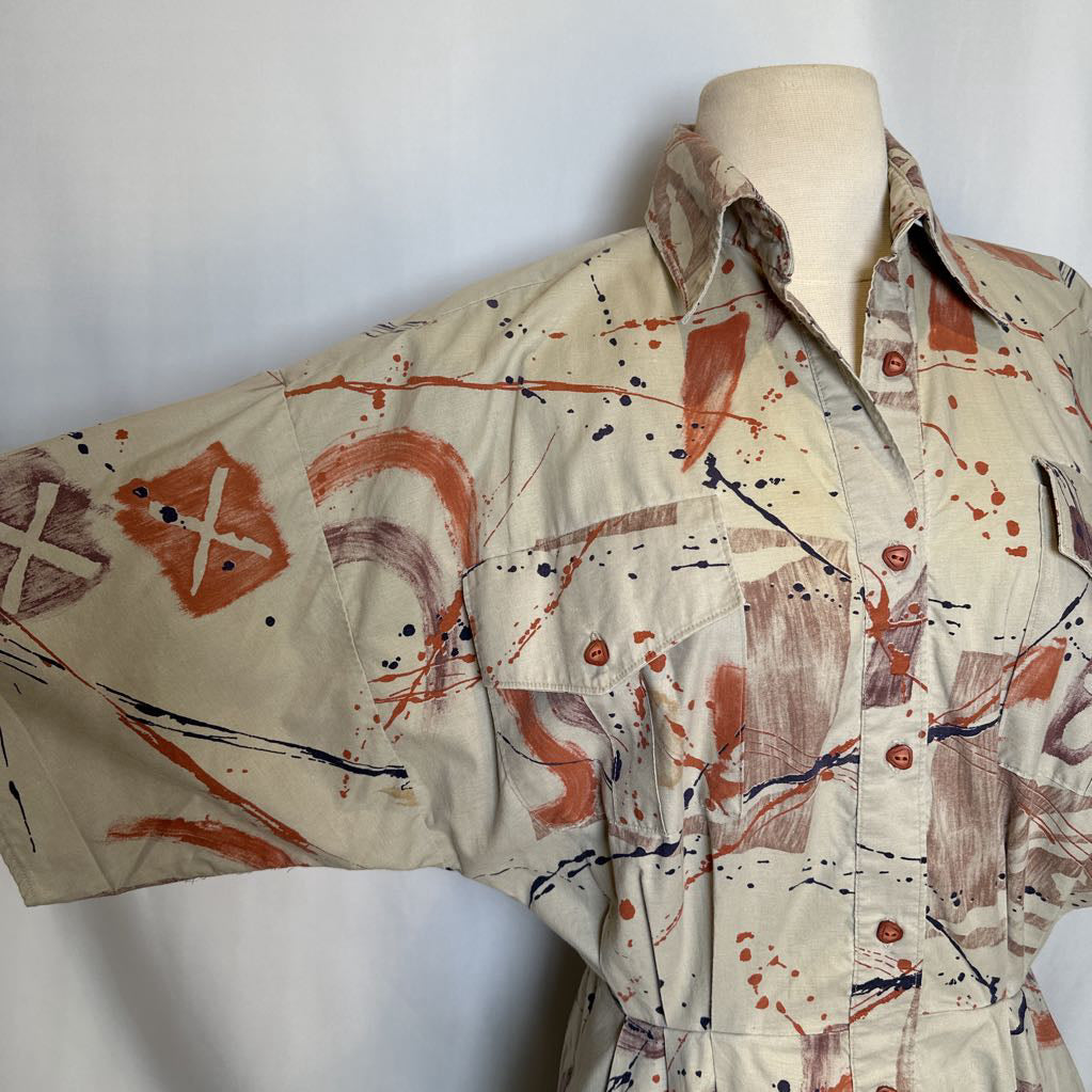 1980s Abstract Print Fit and Flare Dress with pockets