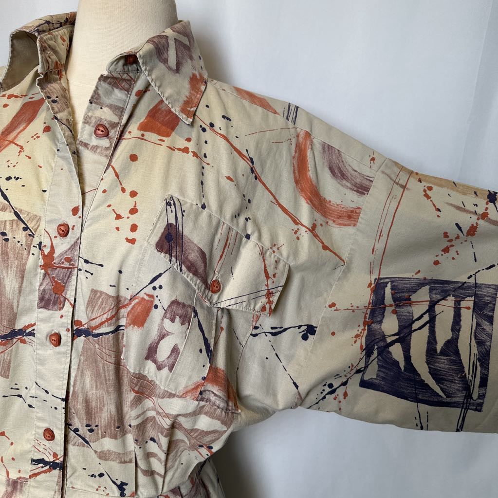 1980s Abstract Print Fit and Flare Dress with pockets