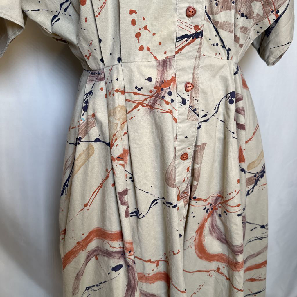 1980s Abstract Print Fit and Flare Dress with pockets