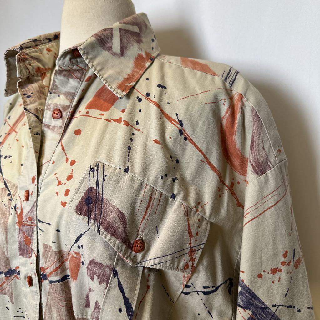 1980s Abstract Print Fit and Flare Dress with pockets