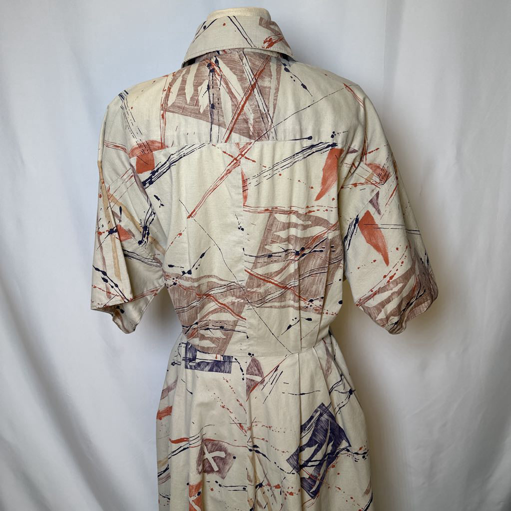 1980s Abstract Print Fit and Flare Dress with pockets
