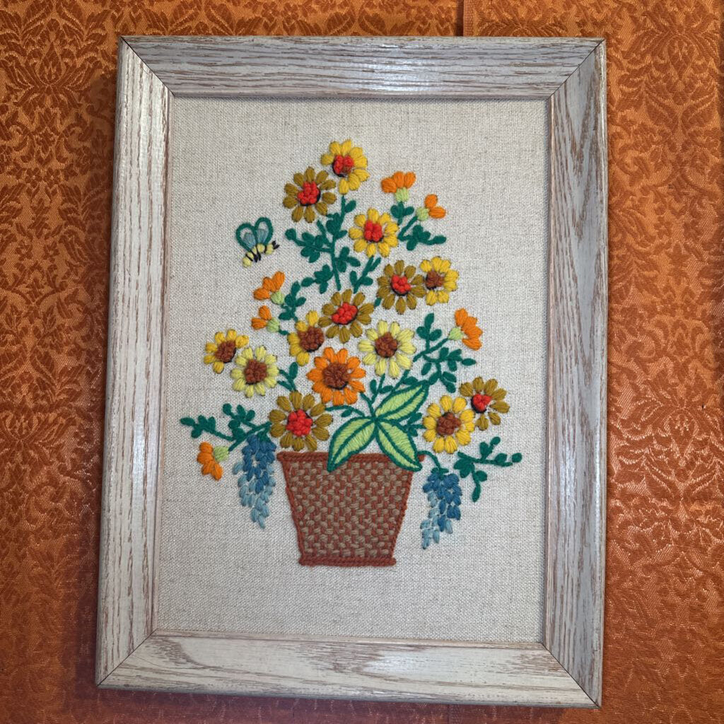 Vintage Crewel Stitch Floral Basket