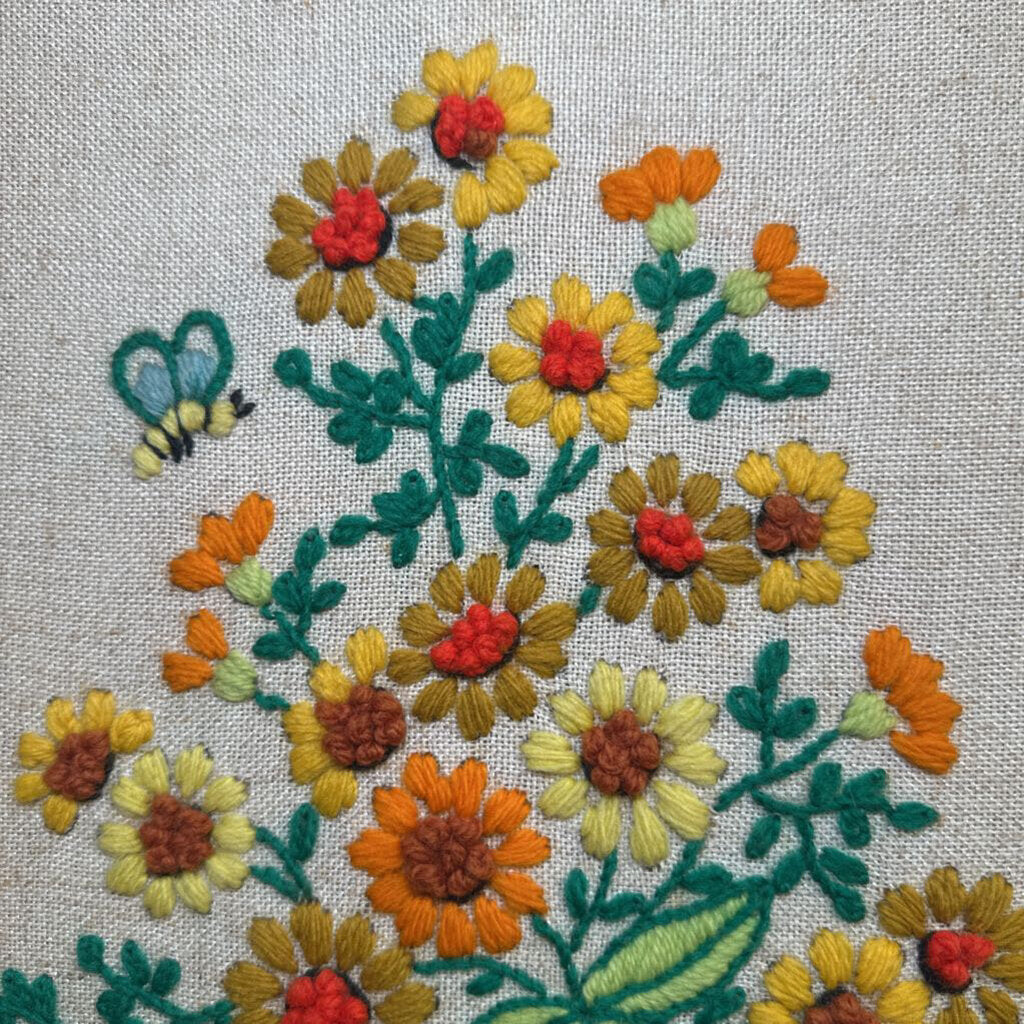 Vintage Crewel Stitch Floral Basket