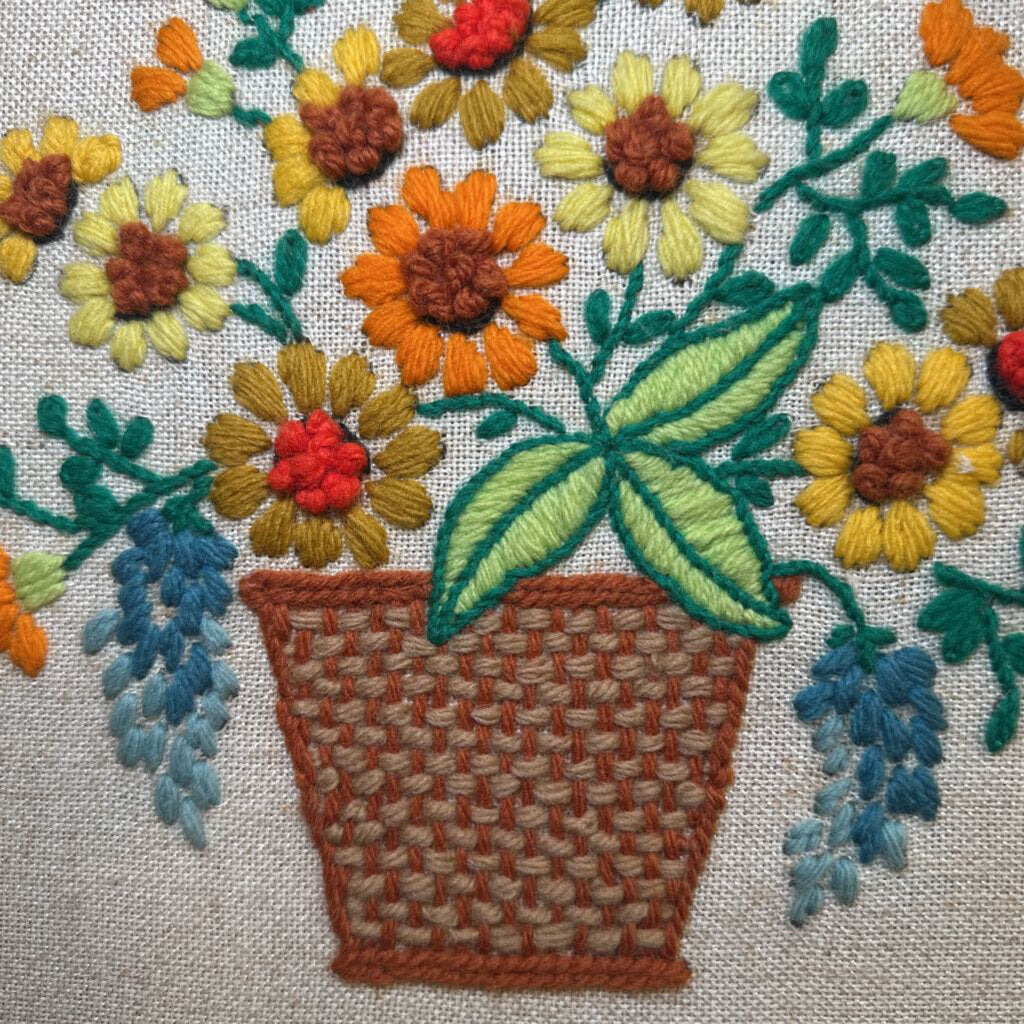 Vintage Crewel Stitch Floral Basket