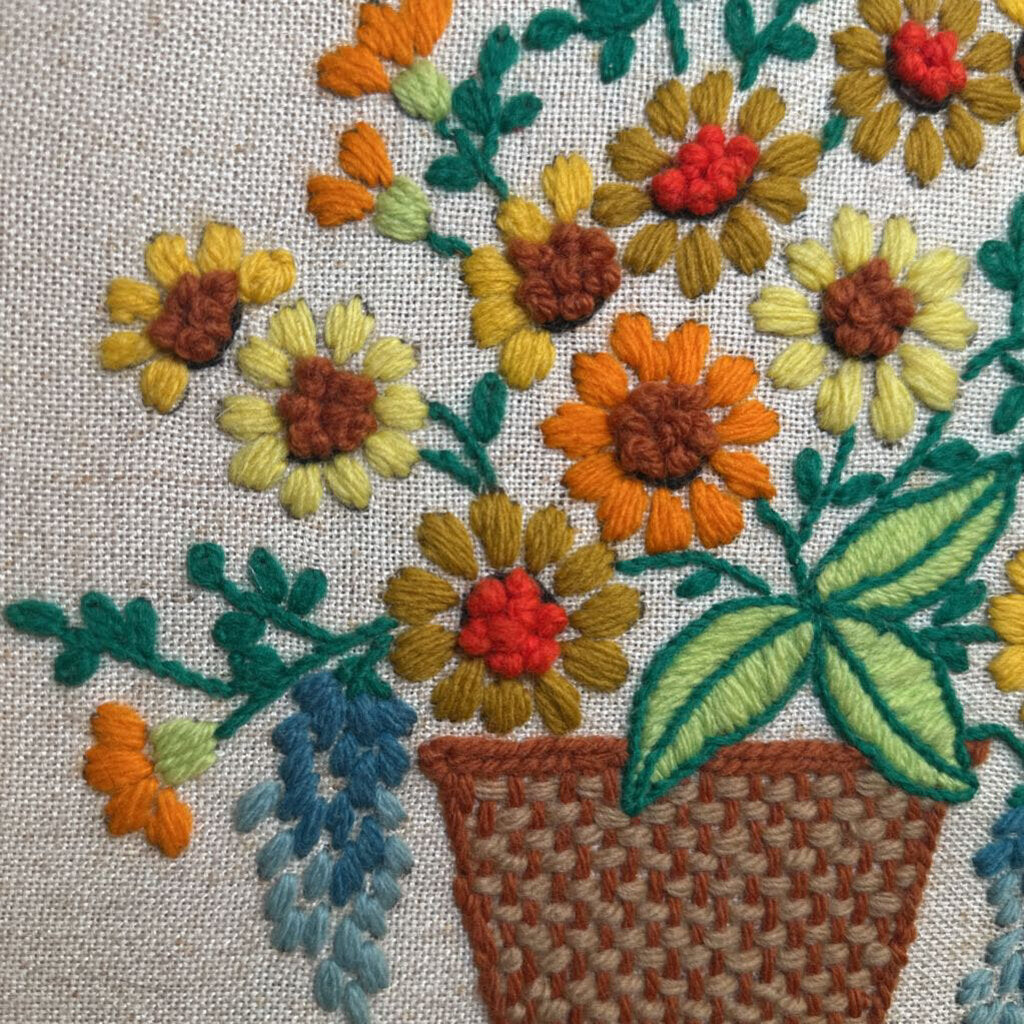 Vintage Crewel Stitch Floral Basket