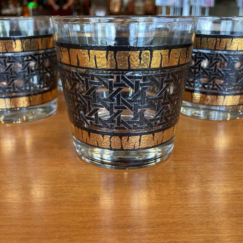 Set of 5 Libbey Gold & Black Rattan Glasses