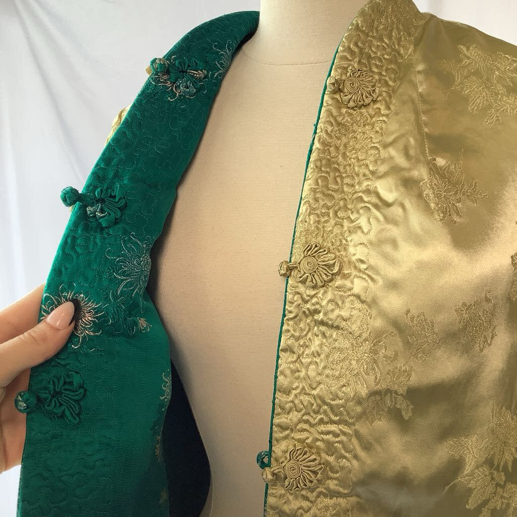 1960s Turquoise Yellow Asian Reversible Brocade Blazer