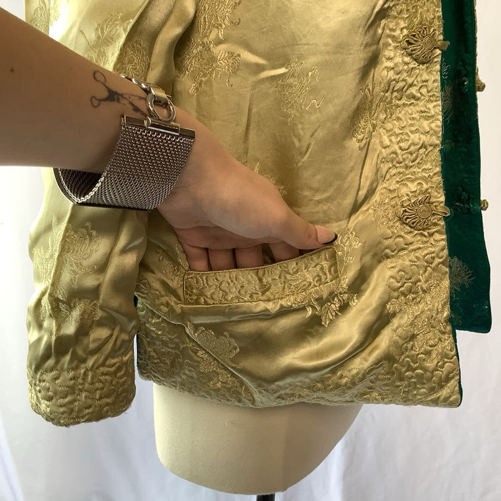 1960s Turquoise Yellow Asian Reversible Brocade Blazer