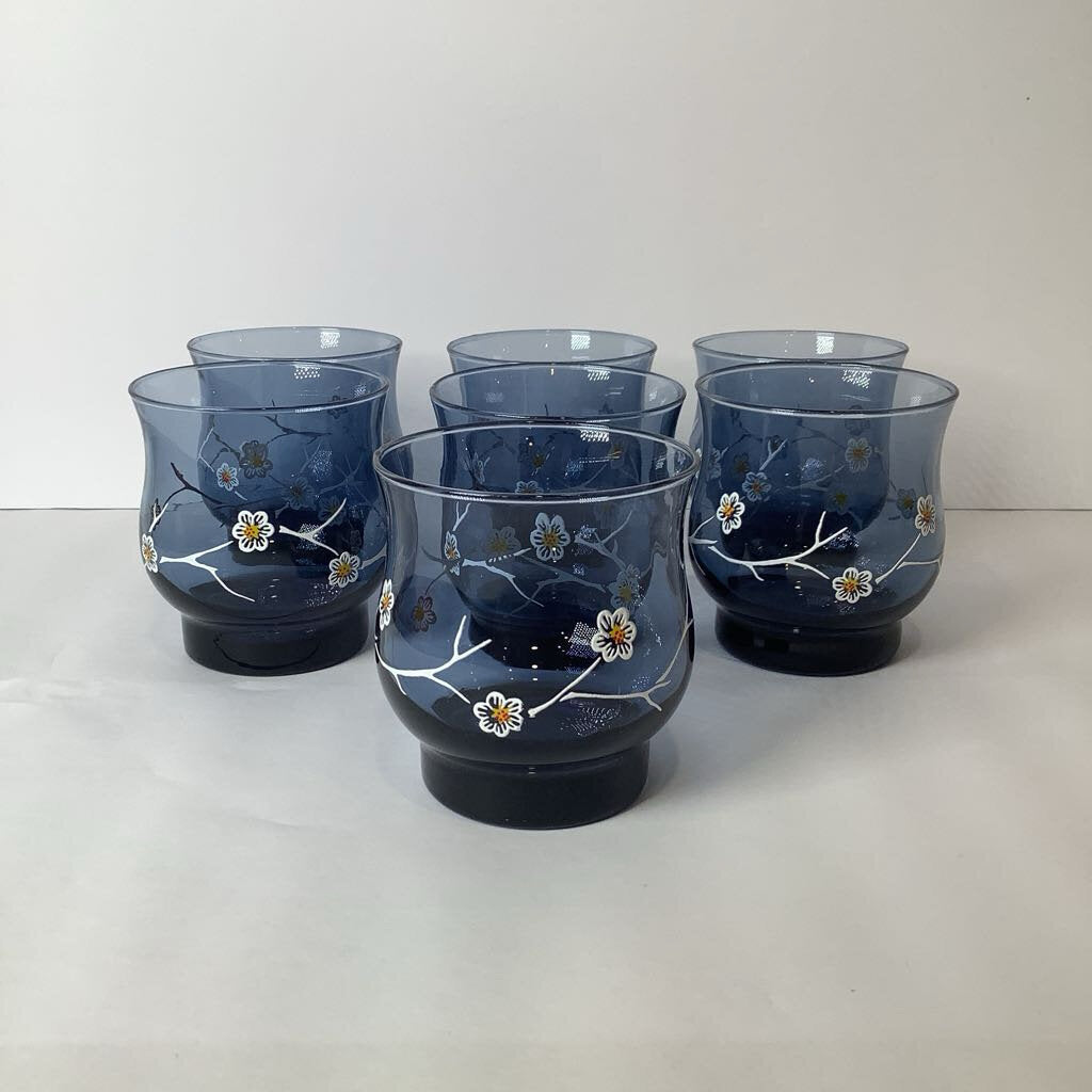 Vintage Libby Smokey Blue Dogwood Flower Rocks Glass Set