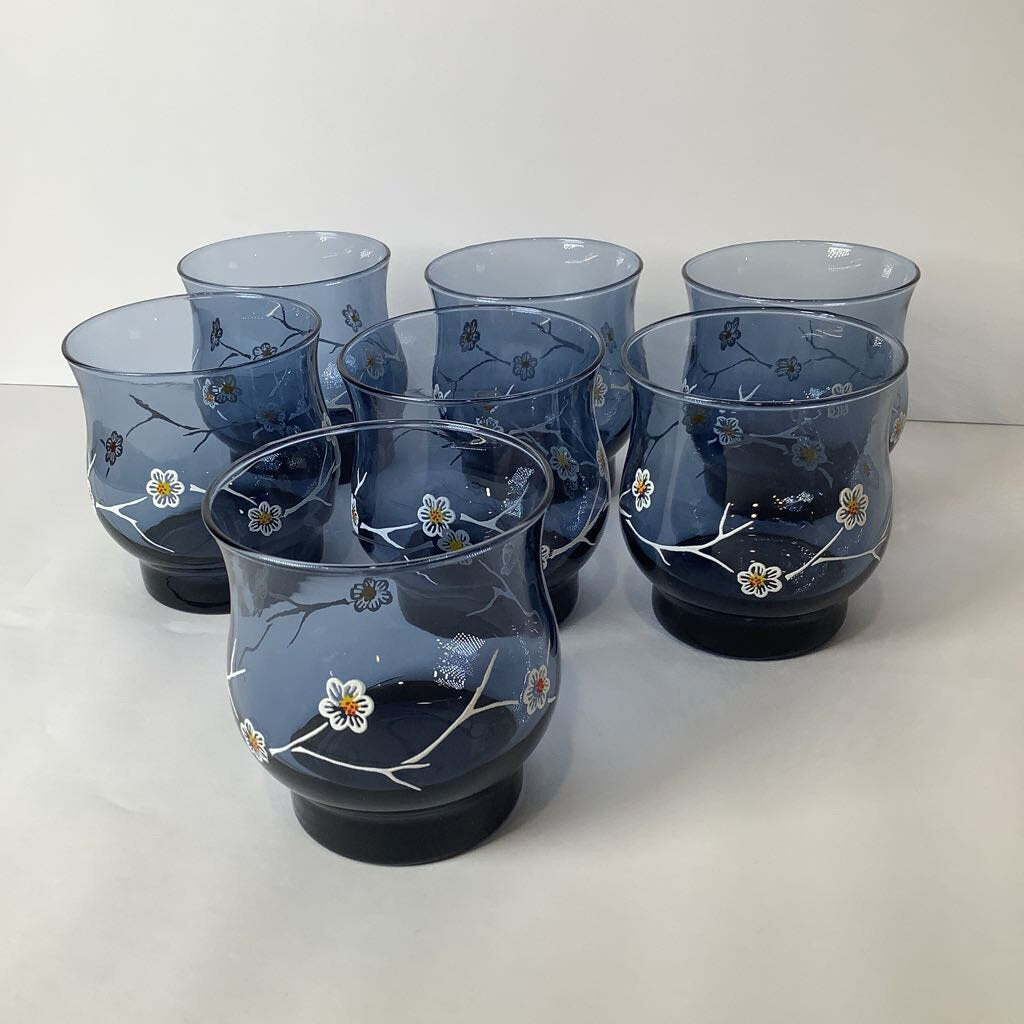 Vintage Libby Smokey Blue Dogwood Flower Rocks Glass Set