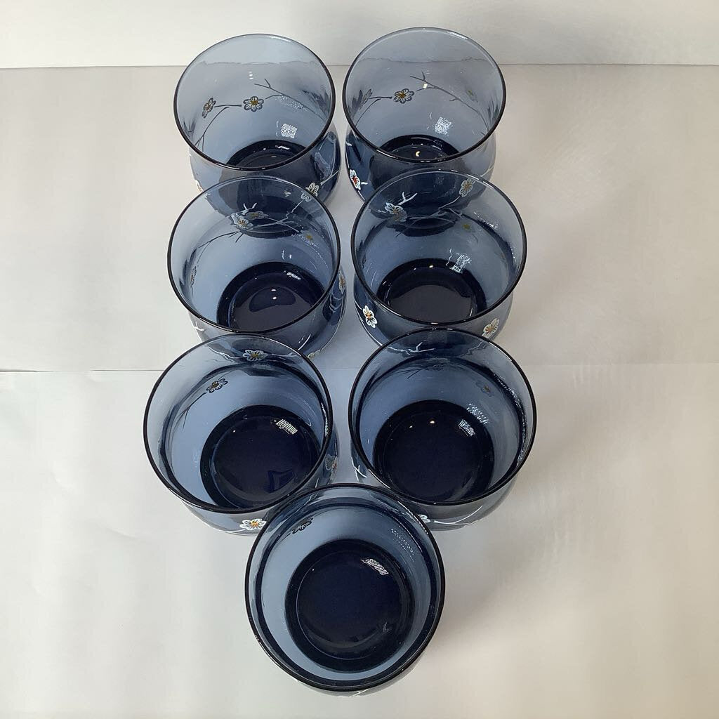 Vintage Libby Smokey Blue Dogwood Flower Rocks Glass Set