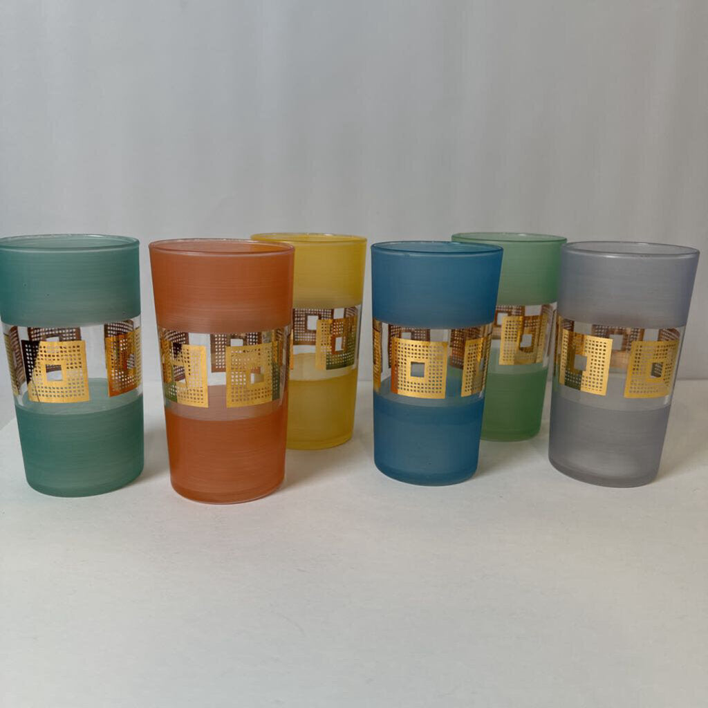 Mid-Century Set of 6 Pastel Frosted Highball Glasses