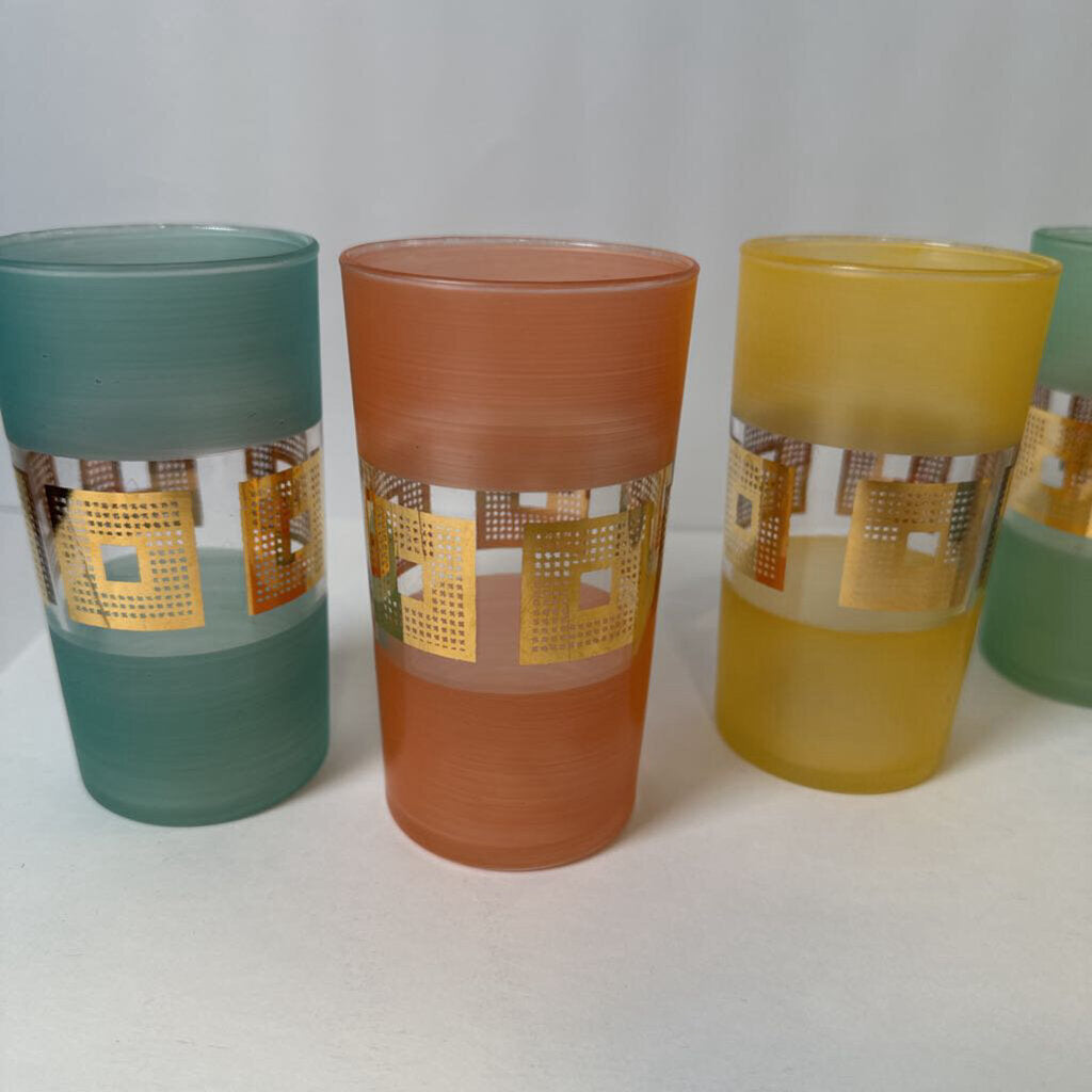 Mid-Century Set of 6 Pastel Frosted Highball Glasses
