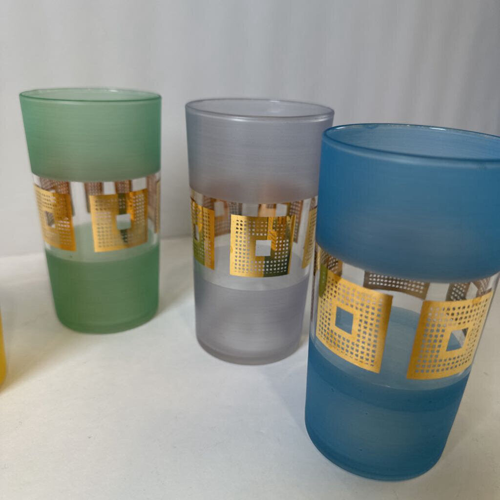 Mid-Century Set of 6 Pastel Frosted Highball Glasses