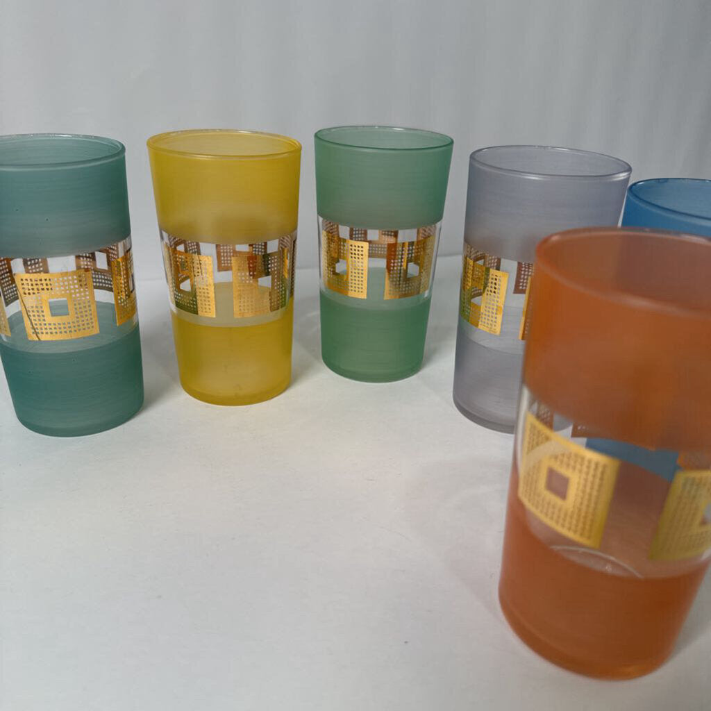 Mid-Century Set of 6 Pastel Frosted Highball Glasses