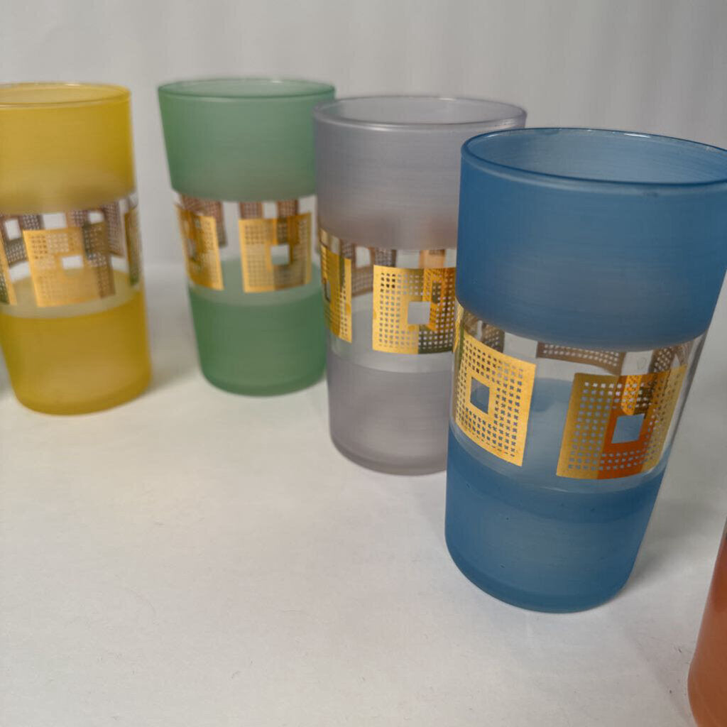 Mid-Century Set of 6 Pastel Frosted Highball Glasses