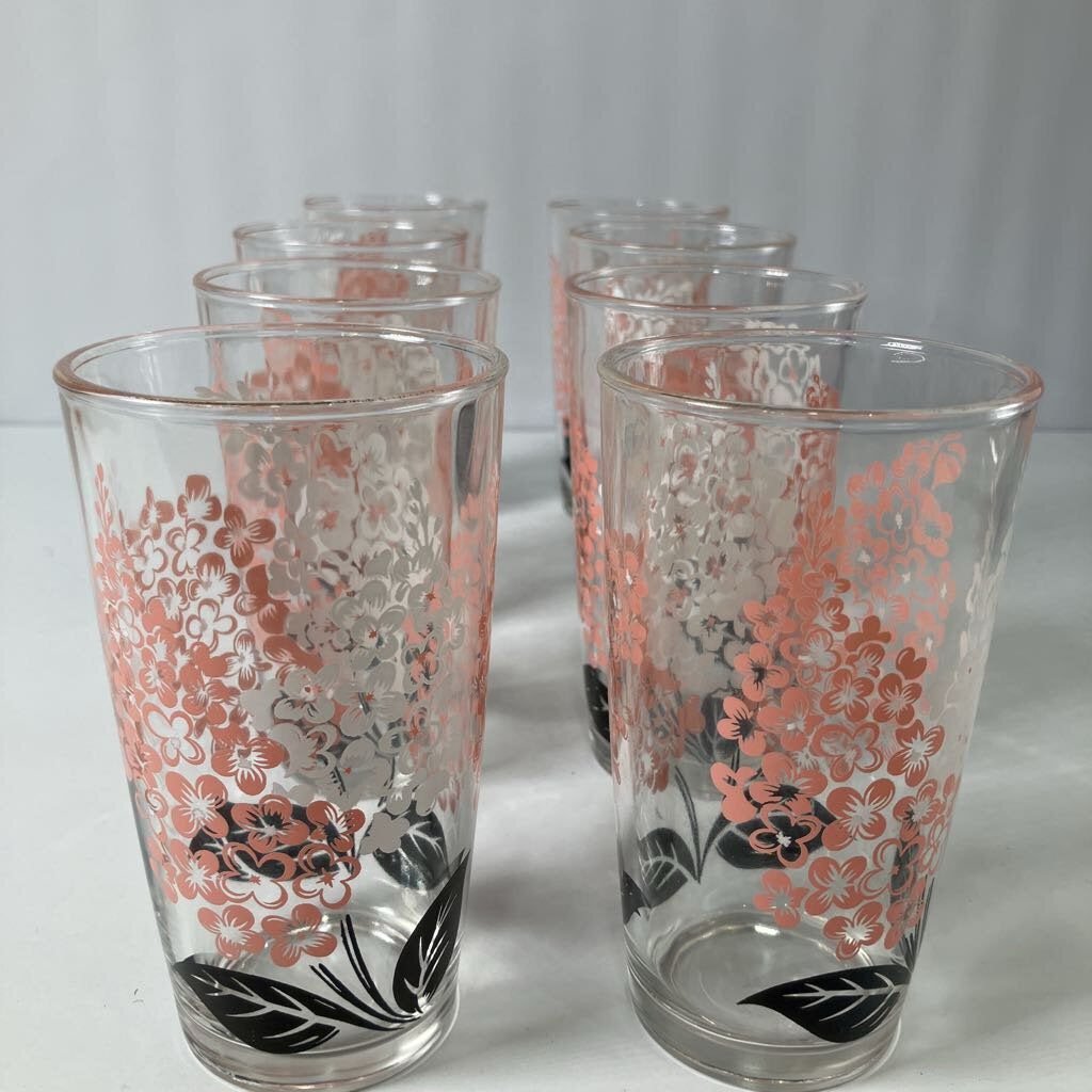 Set of 8 1950s Pink and White Floral Tumbler Glasses